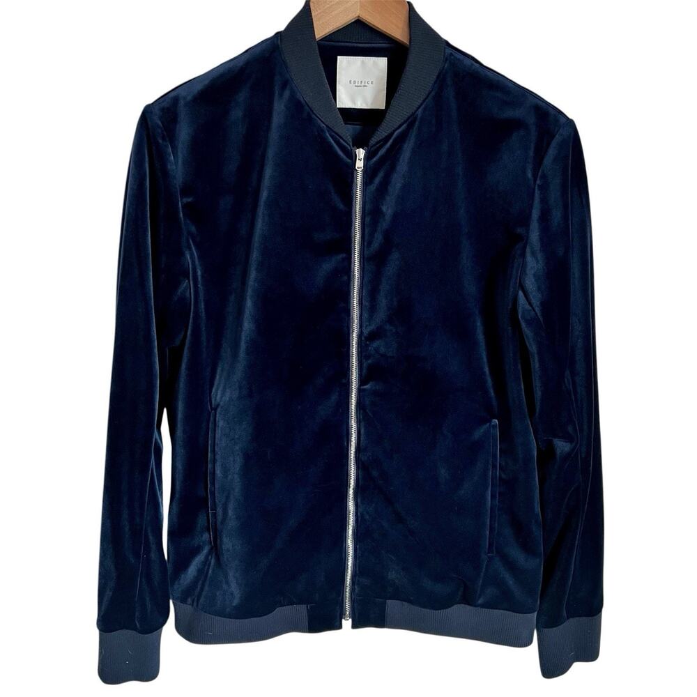 Edifice Navy Blue Velvet Bomber Full Zip Jacket Men’s Large Classic Minimalist